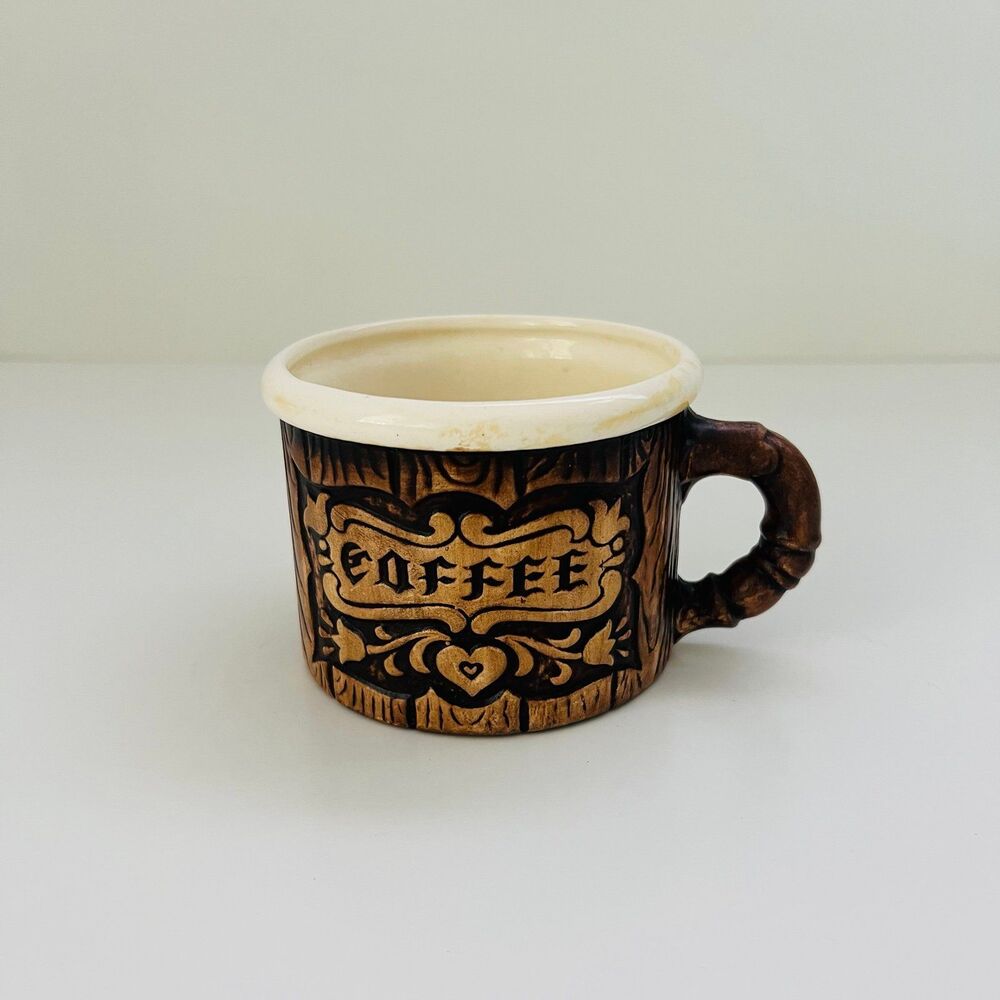TREASURE CRAFT Faux Wood Grain Texture Cream Colored Rim Coffee Mug Cup